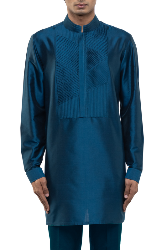 Teal Blue Pleated Placket Kurta Set