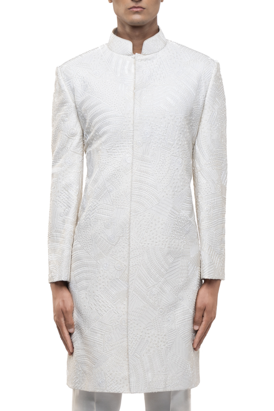 White Silk Sequin Embroidered Modern Sherwani Set