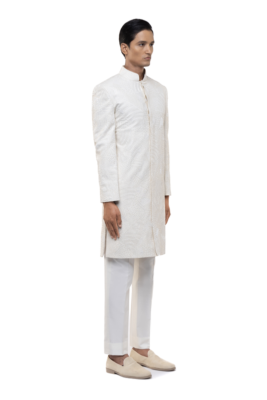 White Silk Sequin Embroidered Modern Sherwani Set