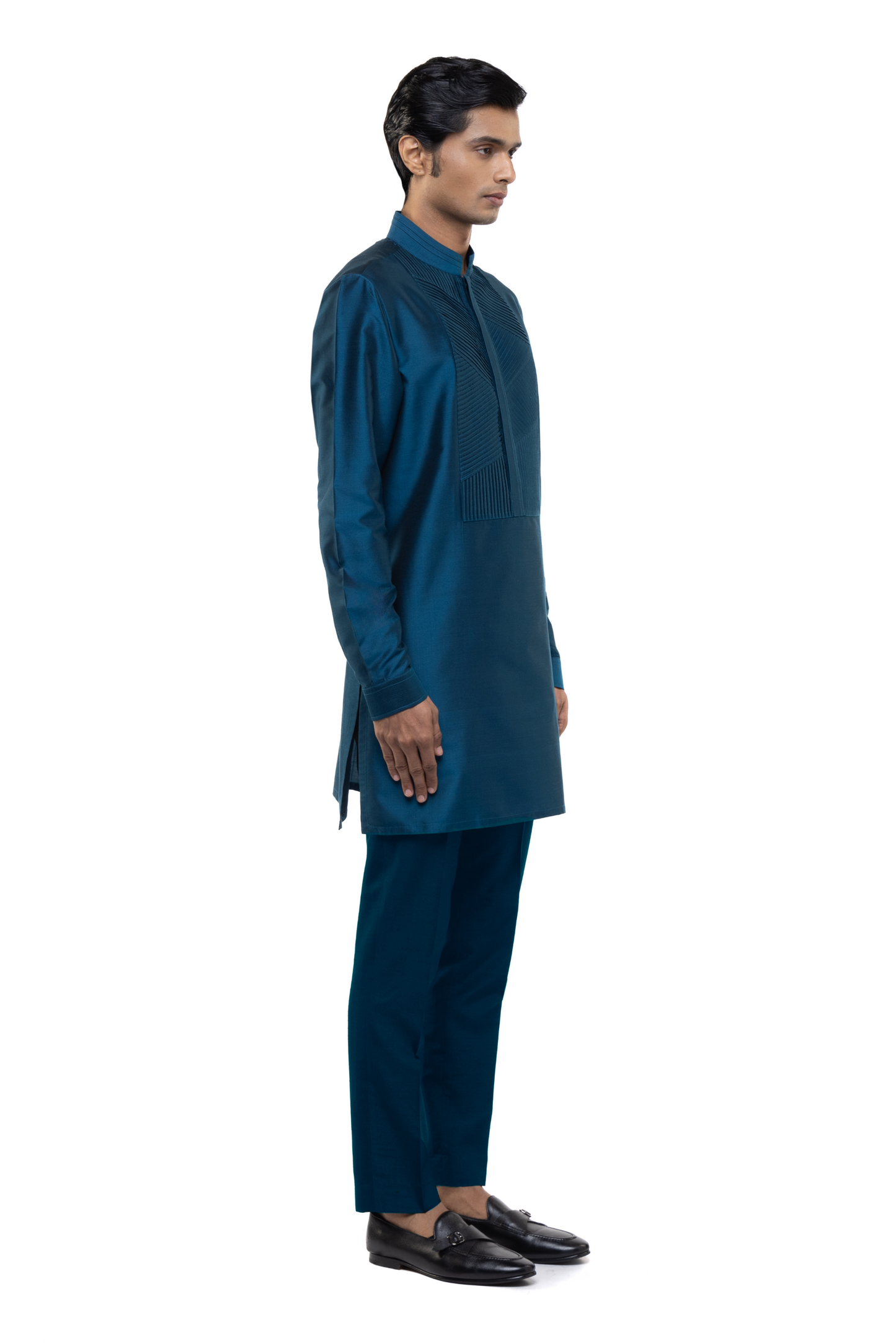 Teal Blue Silk Pleated Placket Kurta Set