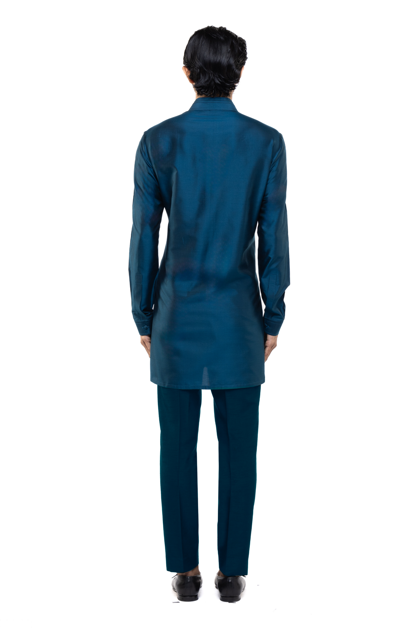 Teal Blue Silk Pleated Placket Kurta Set