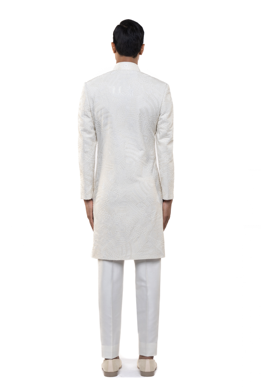 White Silk Sequin Embroidered Modern Sherwani Set