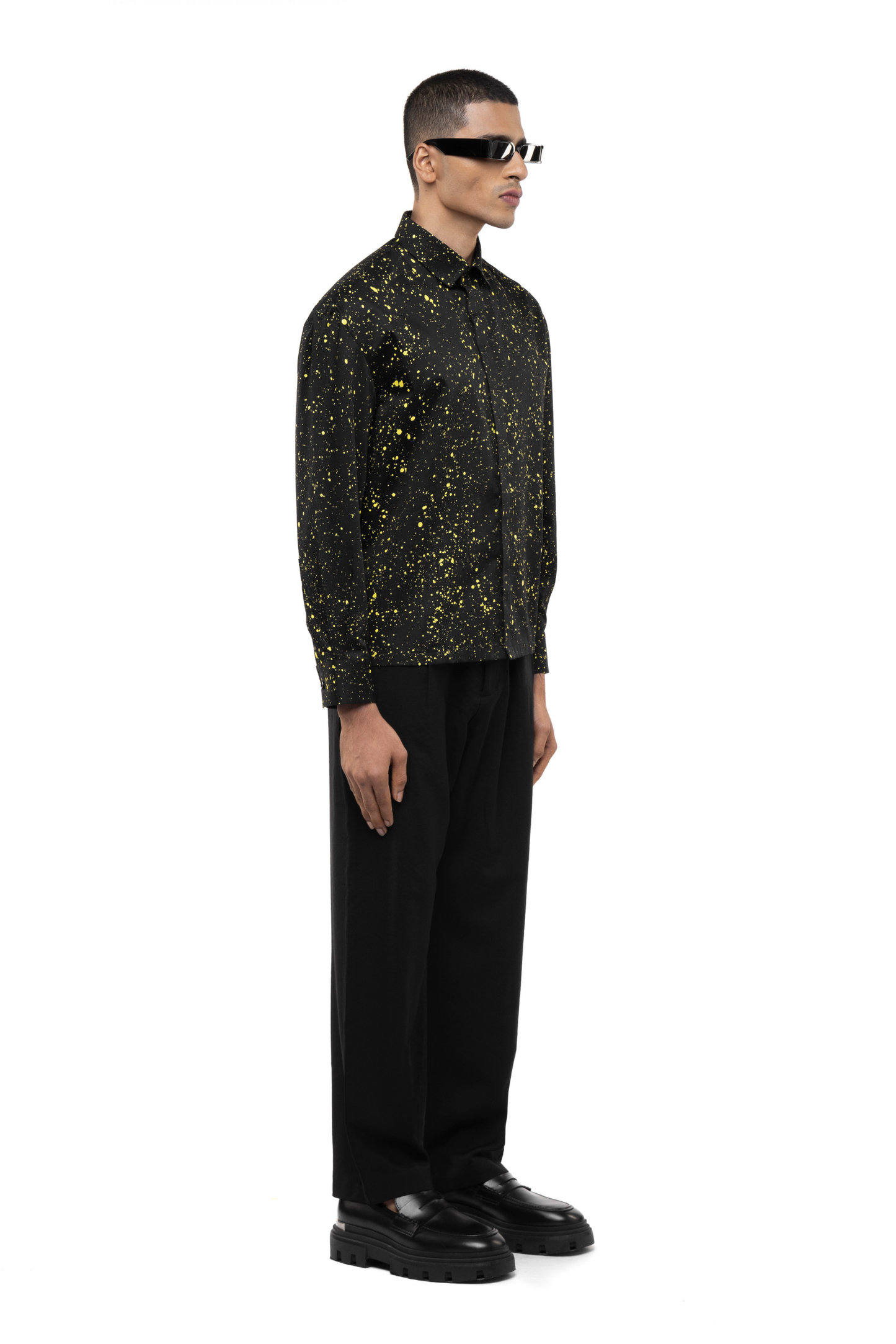 Black Cotton Shirt with Yellow Paint Splatter