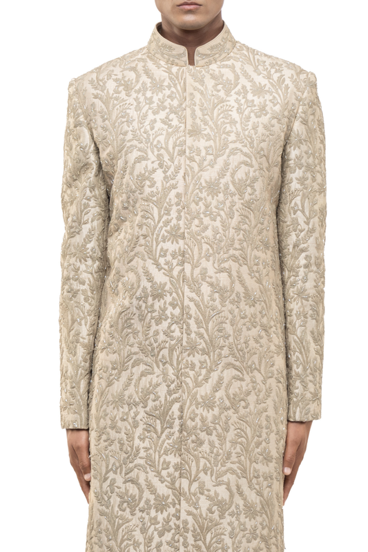 Beige Silk Floral Hand Embroidery Sherwani Set