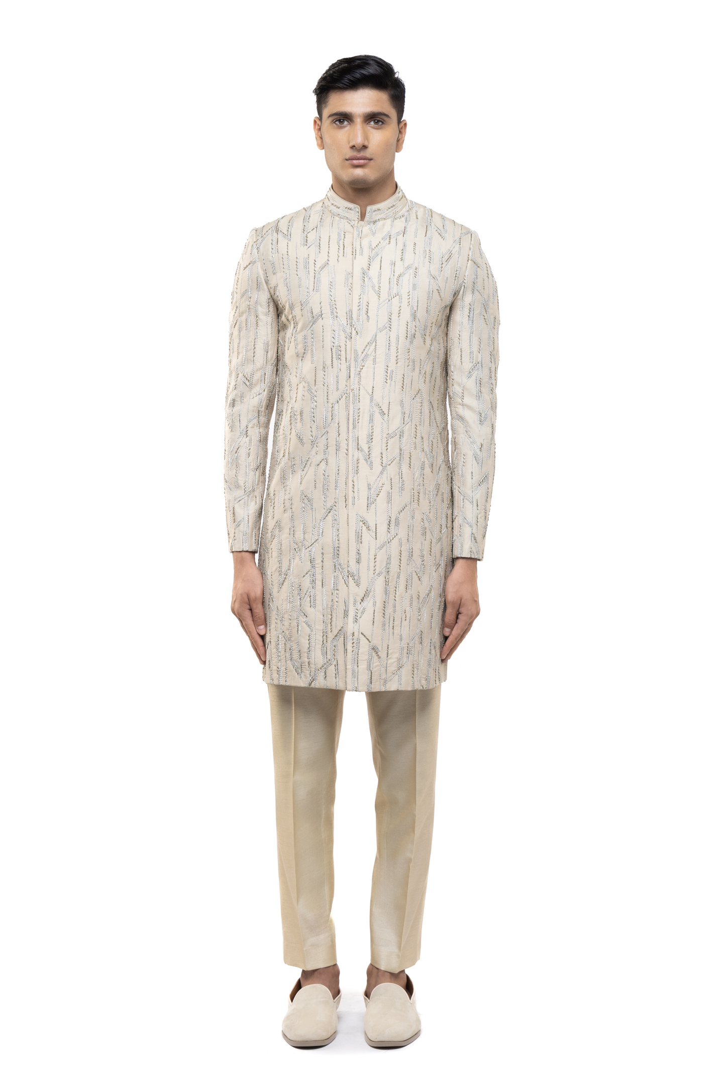 Beige Silk Abstract Sequin Embroidered Sherwani Set