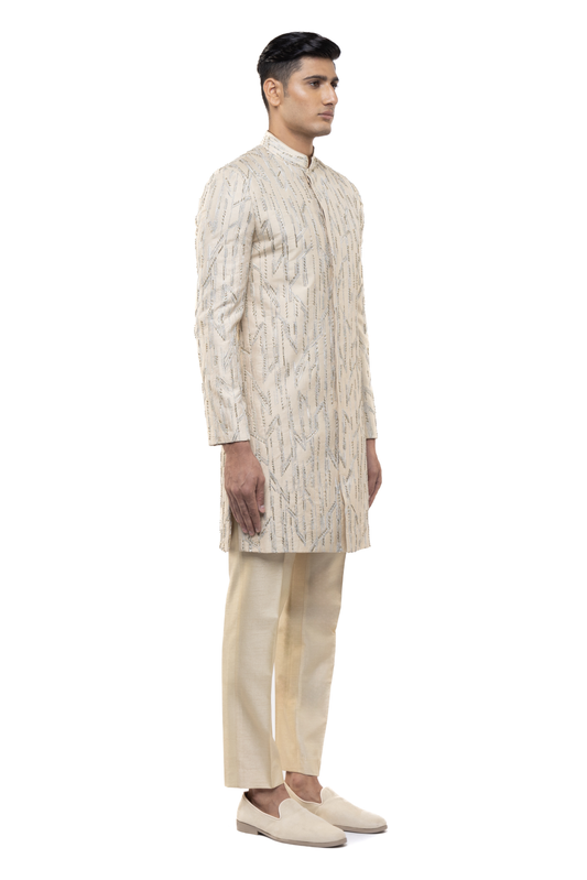 Beige Silk Abstract Sequin Embroidered Sherwani Set