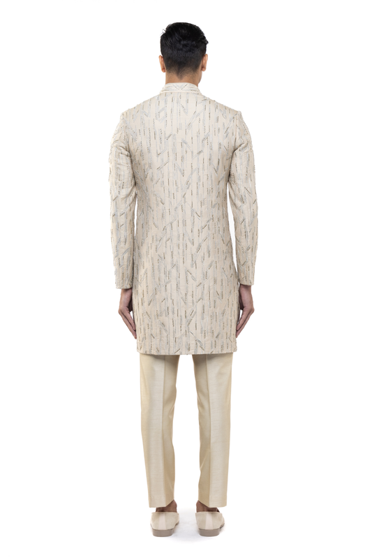 Beige Silk Abstract Sequin Embroidered Sherwani Set