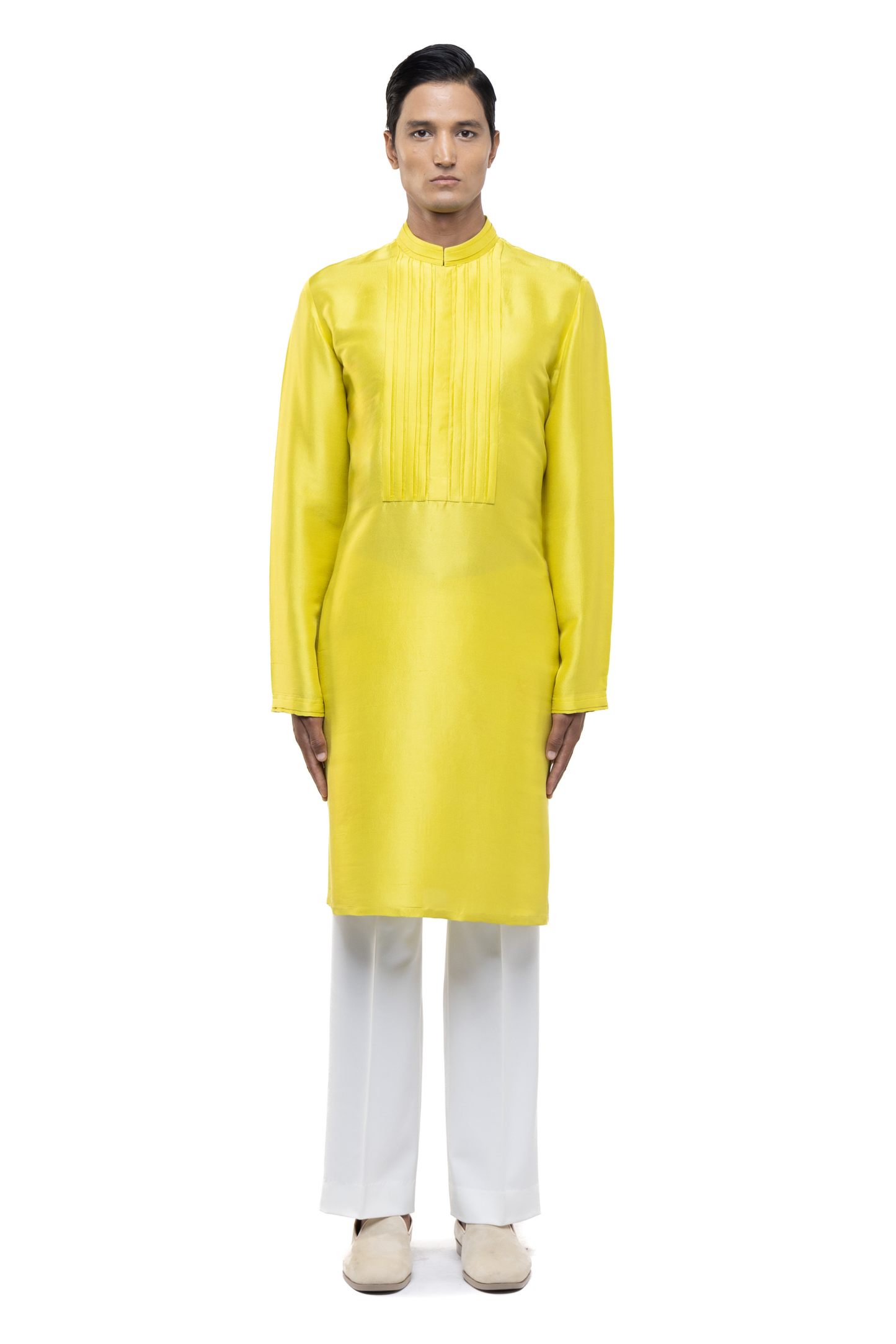 Yellow Silk Pleated Placket Kurta Set