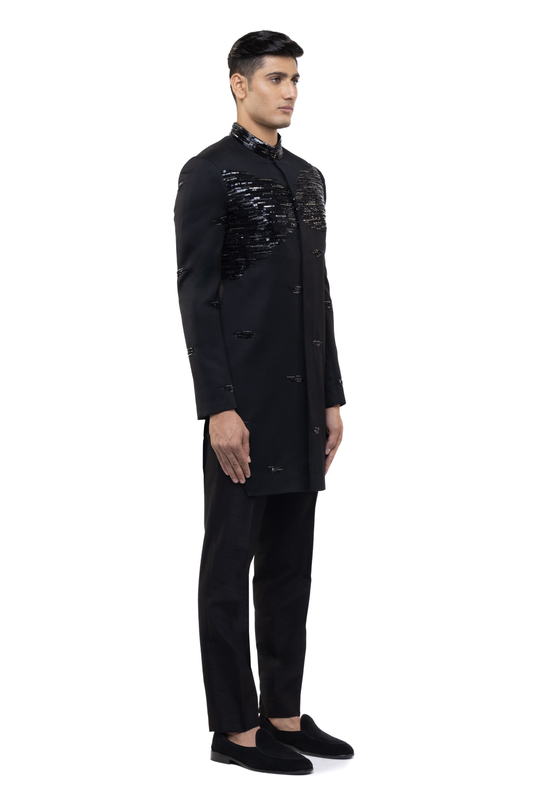 Black Silk Sequin Accent Embroidered Sherwani Set