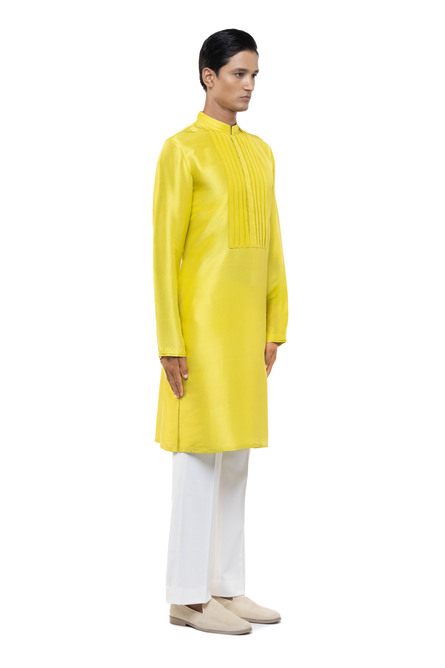 Yellow Silk Pleated Placket Kurta Set