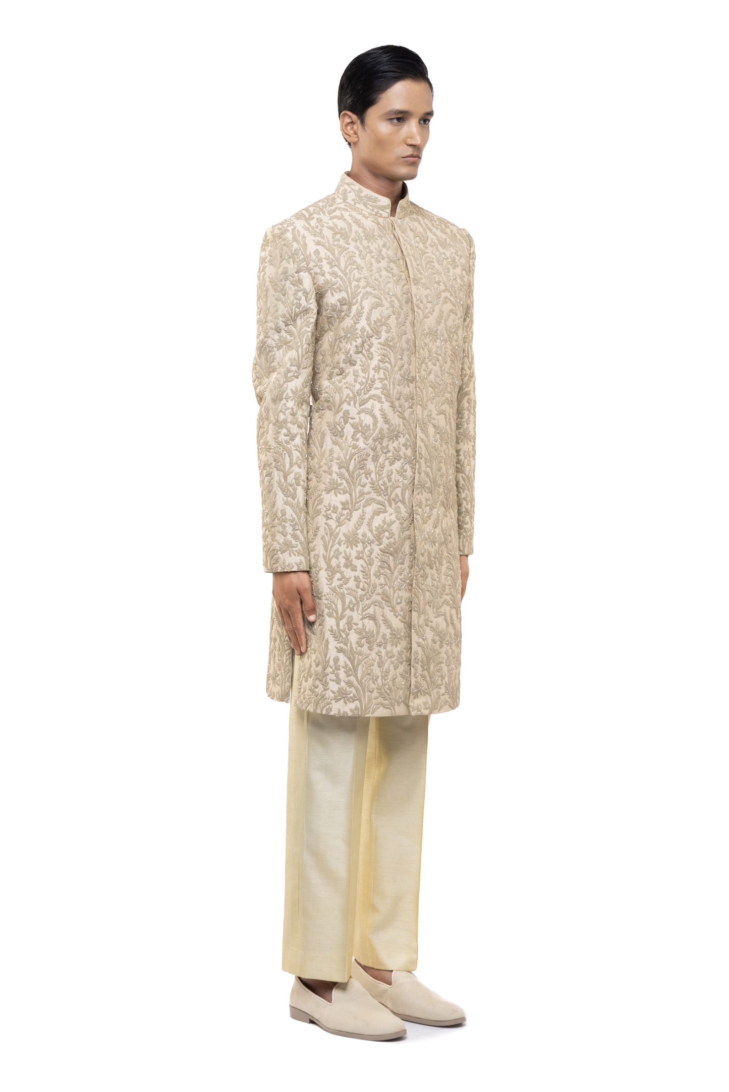 Beige Silk Floral Hand Embroidery Sherwani Set