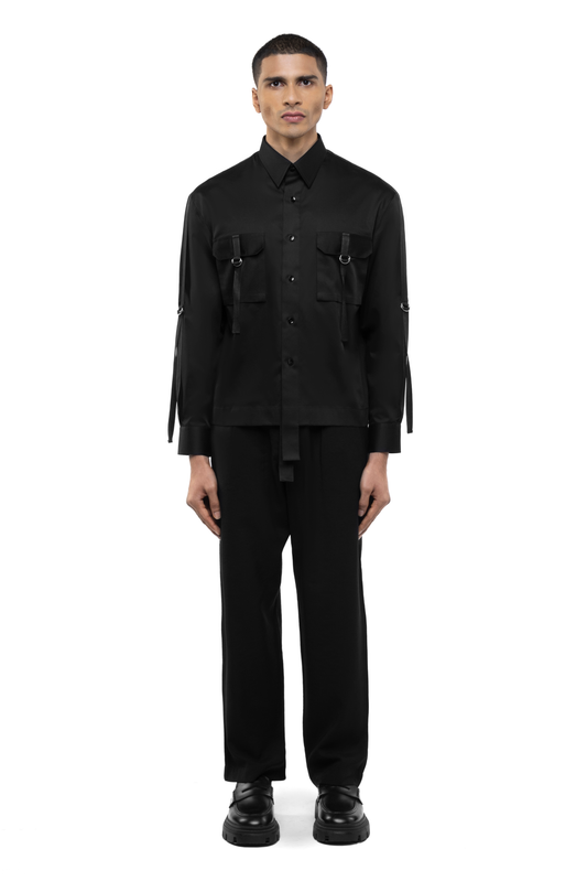 Black Cotton Shirt with Hanging Twill Accents