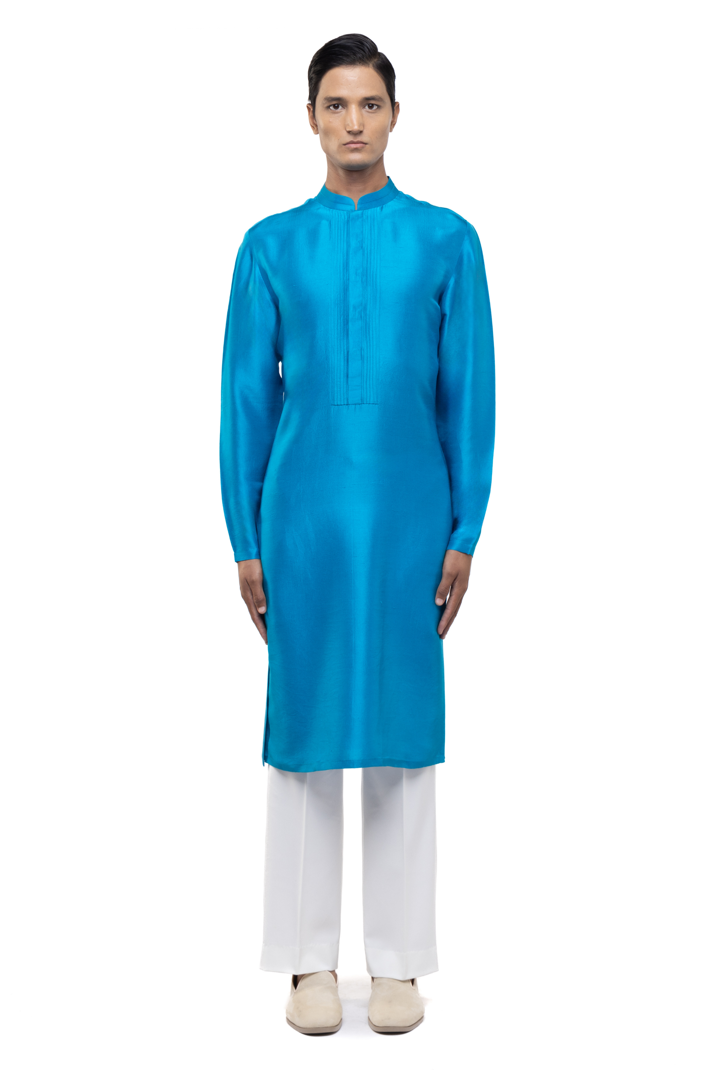 Blue Silk Pleated Placket Kurta Set