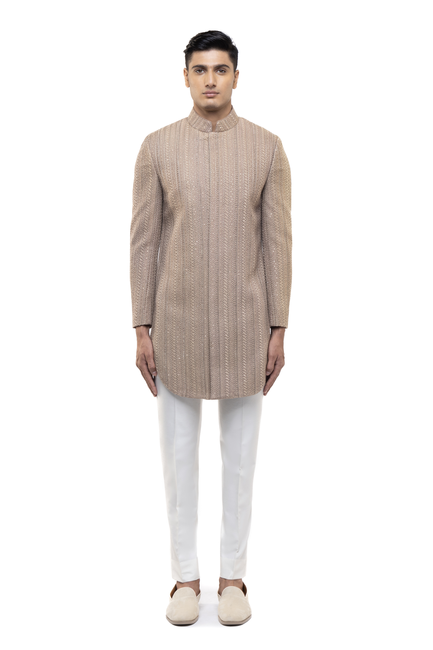 Beige Cotton Thread Embroidery Sherwani Set