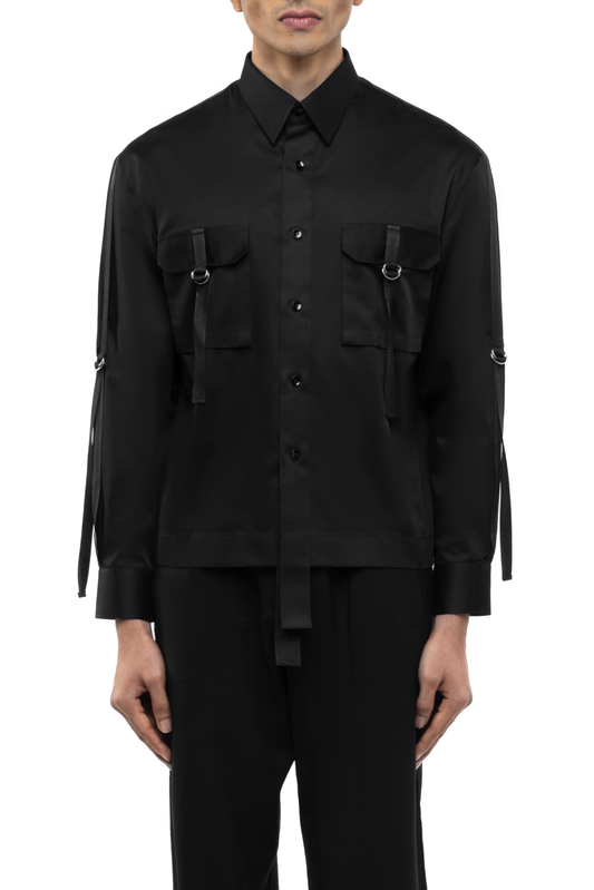 Black Cotton Shirt with Hanging Twill Accents