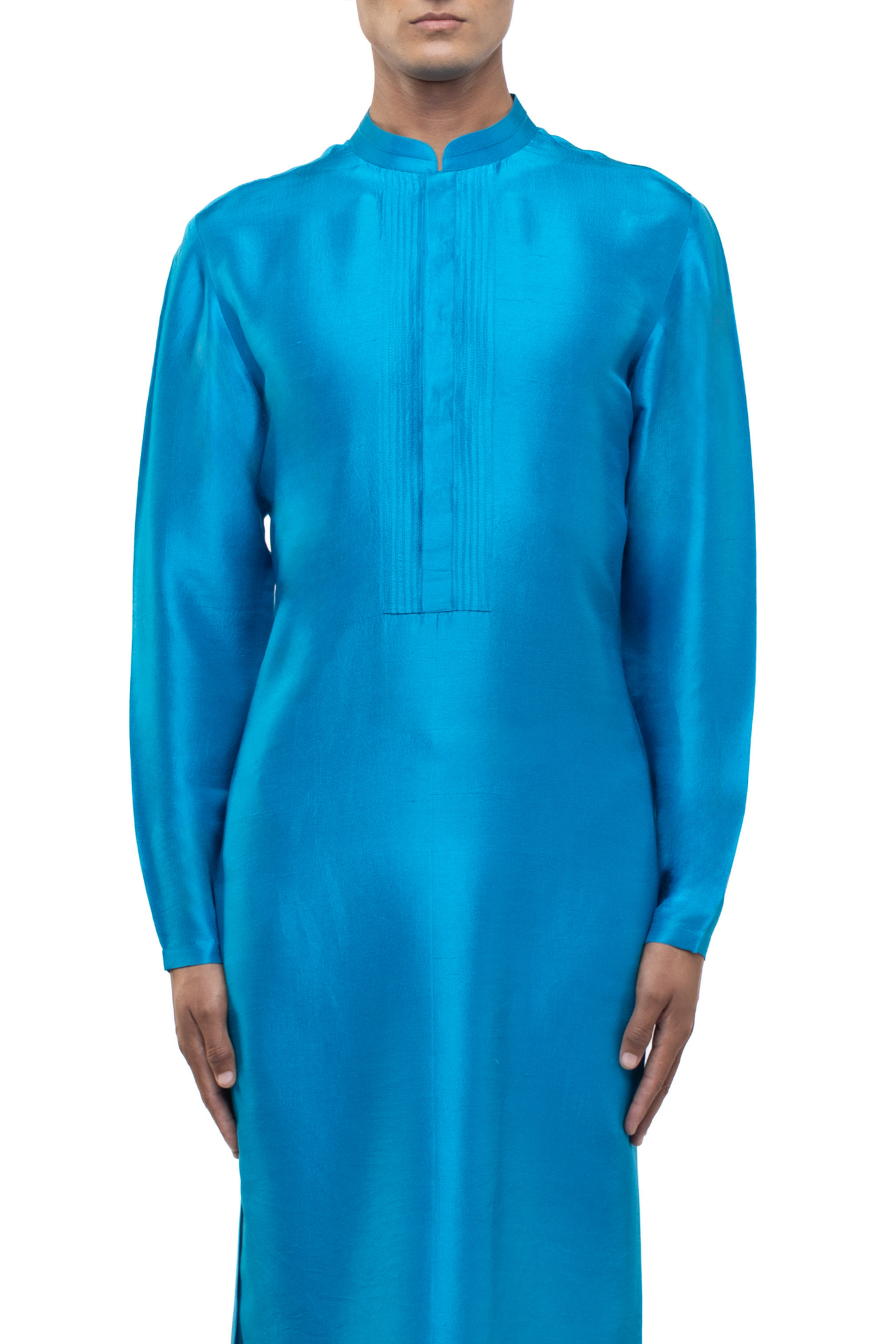 Blue Silk Pleated Placket Kurta Set