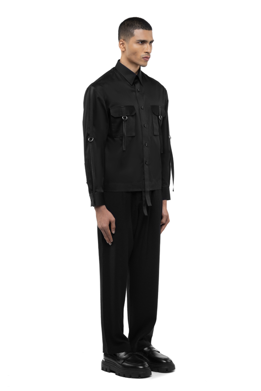 Black Cotton Shirt with Hanging Twill Accents