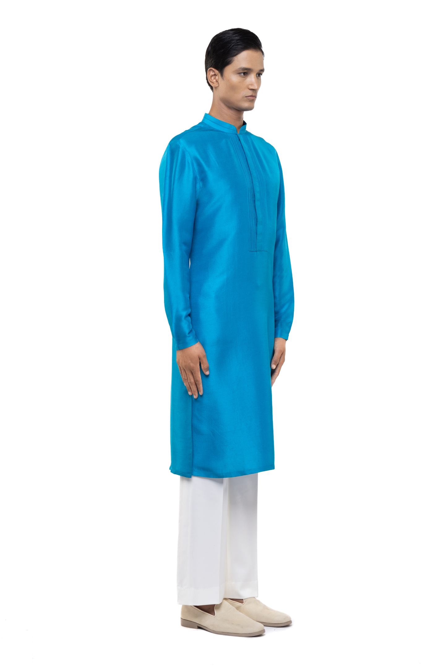 Blue Silk Pleated Placket Kurta Set