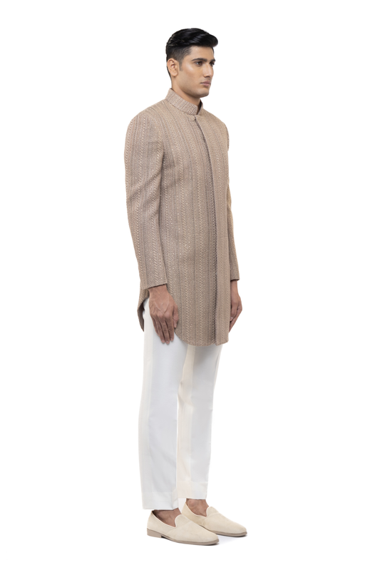 Beige Cotton Thread Embroidery Sherwani Set