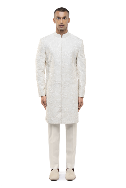 Ivory Silk Tropical Embroidery Sherwani Set