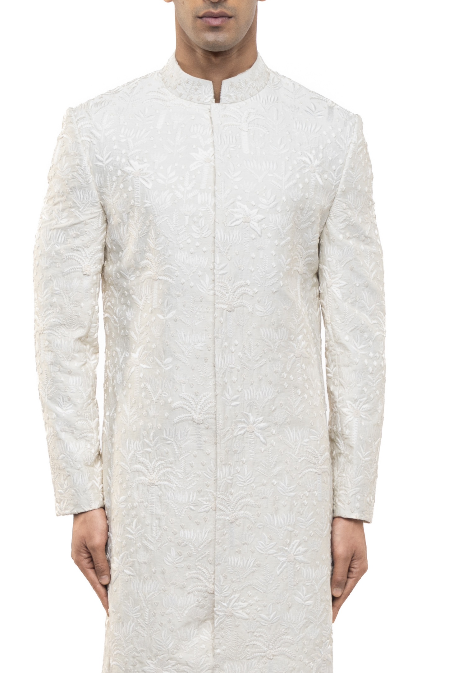 Ivory Silk Tropical Embroidery Sherwani Set