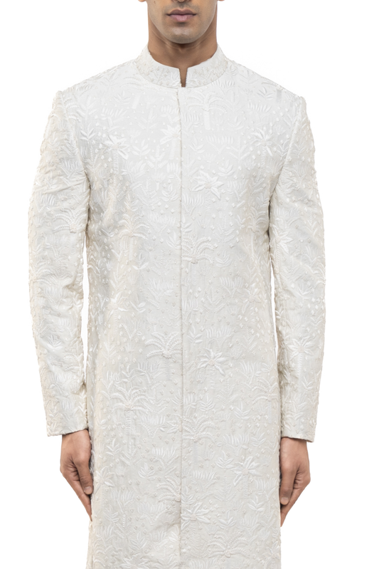 Ivory Silk Tropical Embroidery Sherwani Set