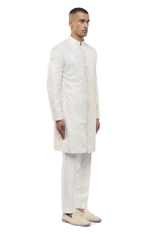 Ivory Silk Tropical Embroidery Sherwani Set