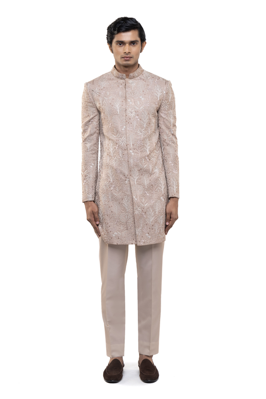 Old Rose & Off-White Silk Tropical Embroidery Sherwani Set