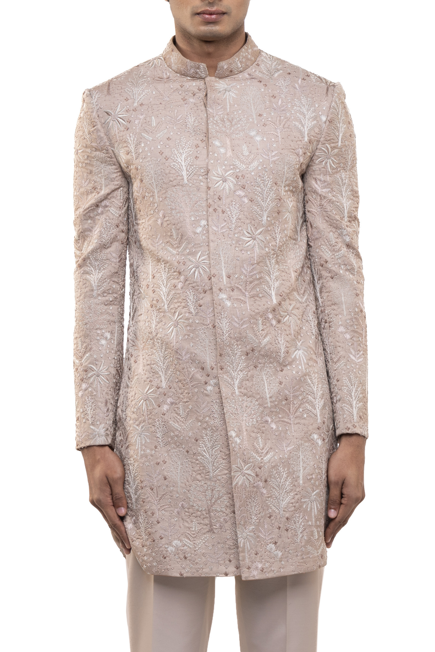 Old Rose & Off-White Silk Tropical Embroidery Sherwani Set