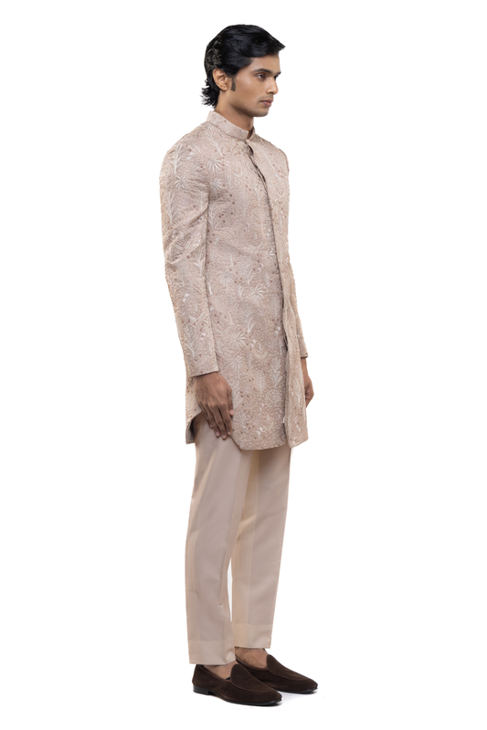 Old Rose & Off-White Silk Tropical Embroidery Sherwani Set