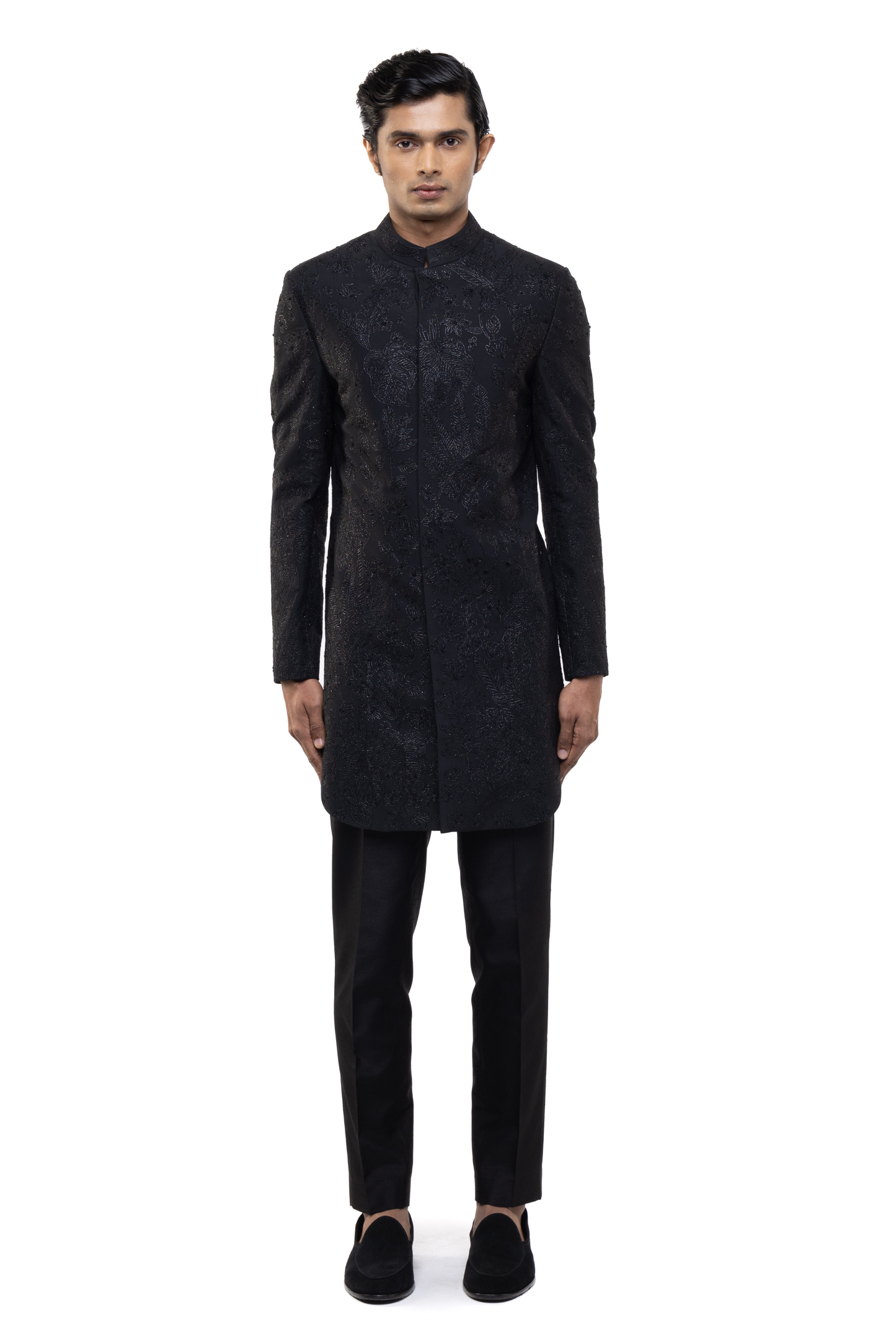 Black Silk Tropical Embroidered Sherwani Set