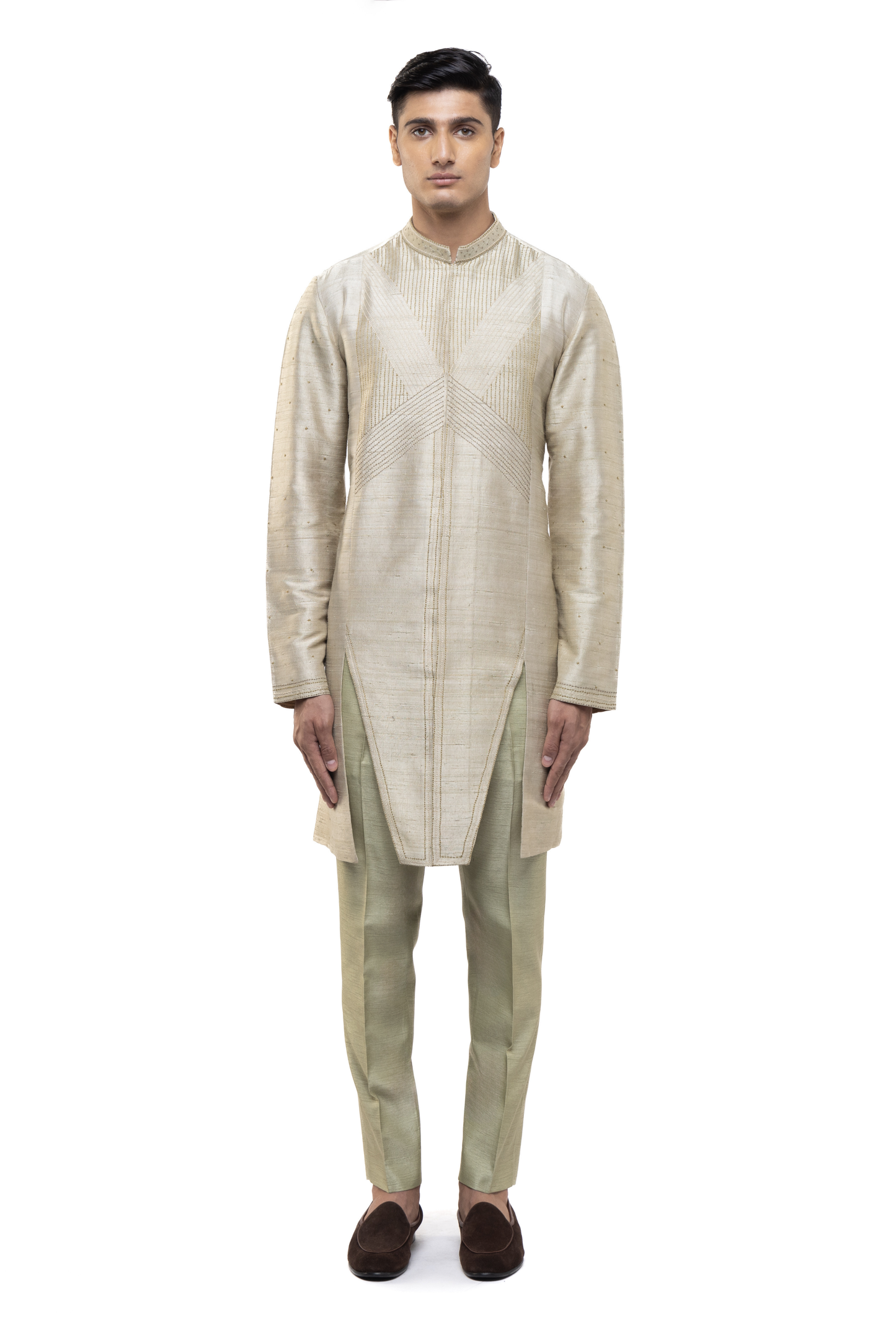 Beige & Sage Green Linen Asymmetric Kurta Set