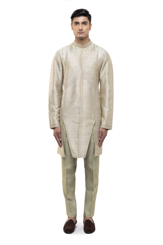 Beige & Sage Green Asymmetric Kurta Set