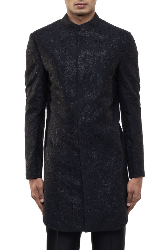 Black Silk Tropical Embroidered Sherwani Set