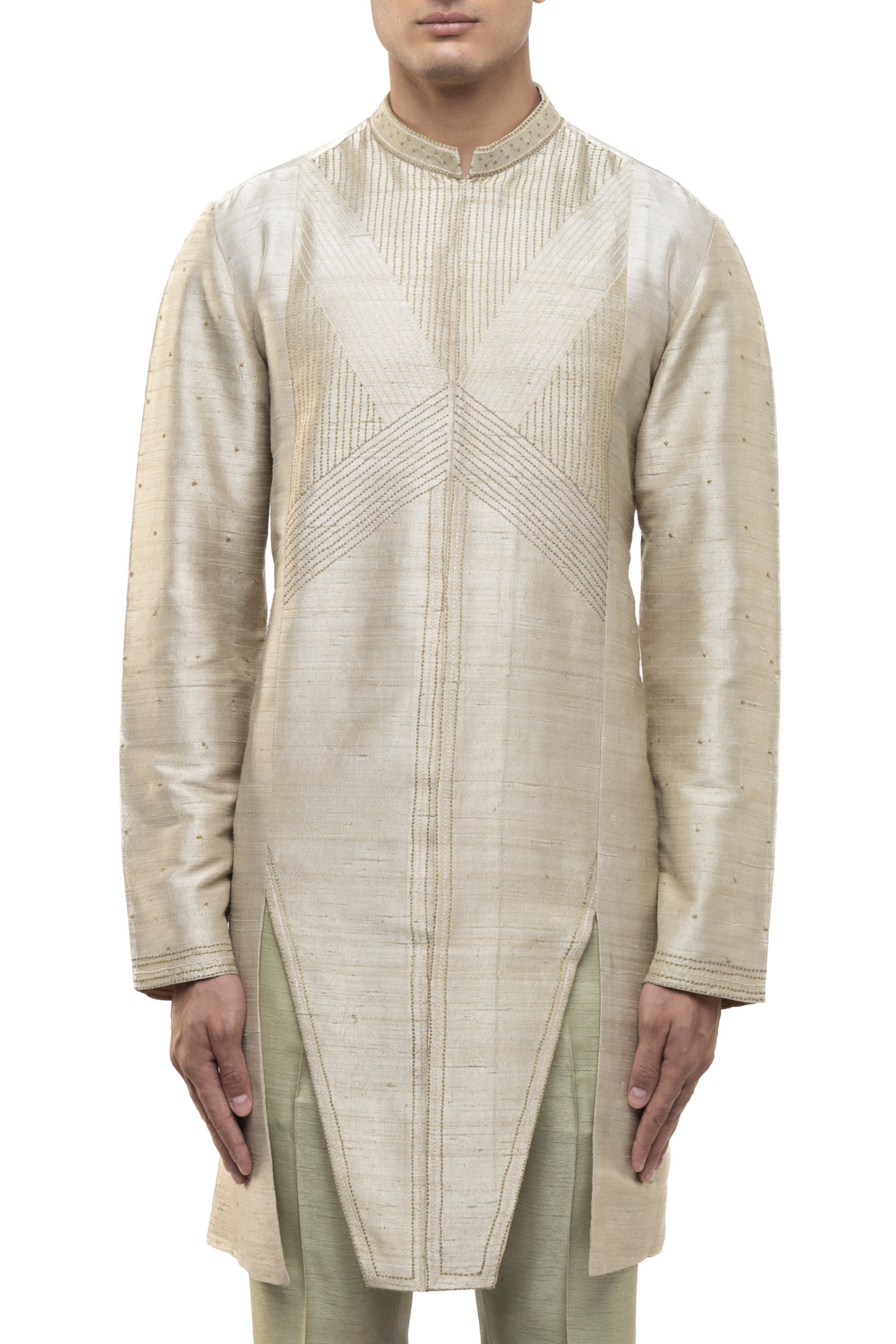 Beige & Sage Green Linen Asymmetric Kurta Set