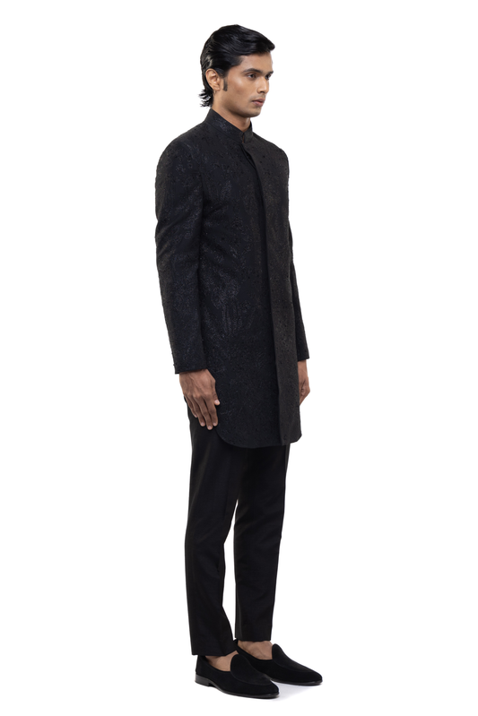 Black Silk Tropical Embroidered Sherwani Set