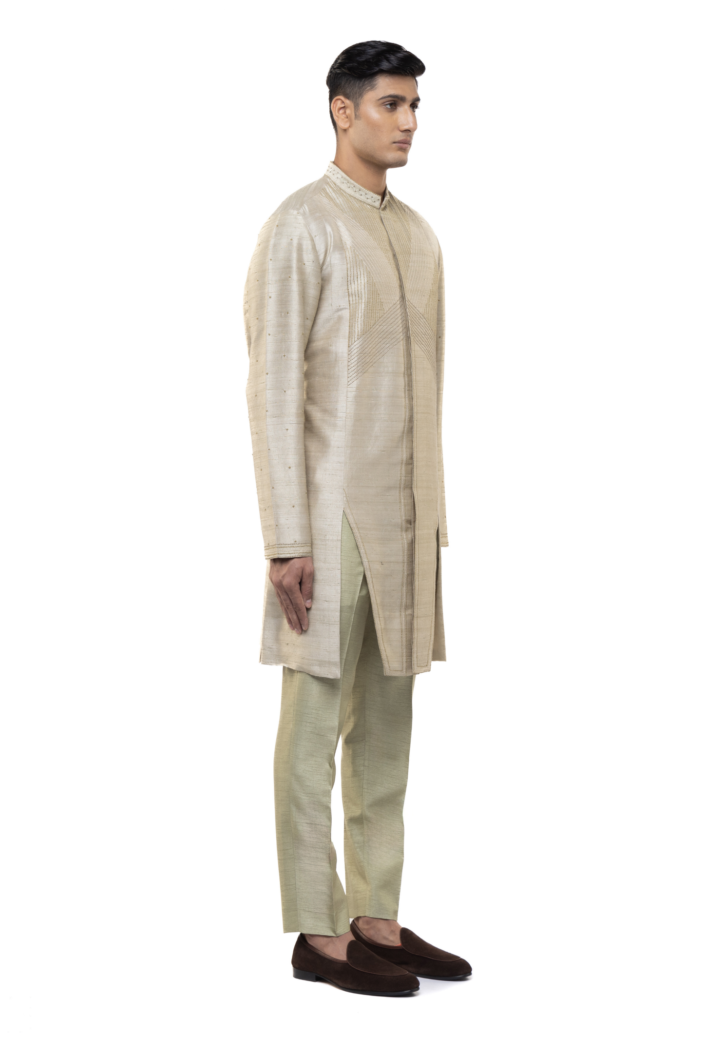 Beige & Sage Green Linen Asymmetric Kurta Set