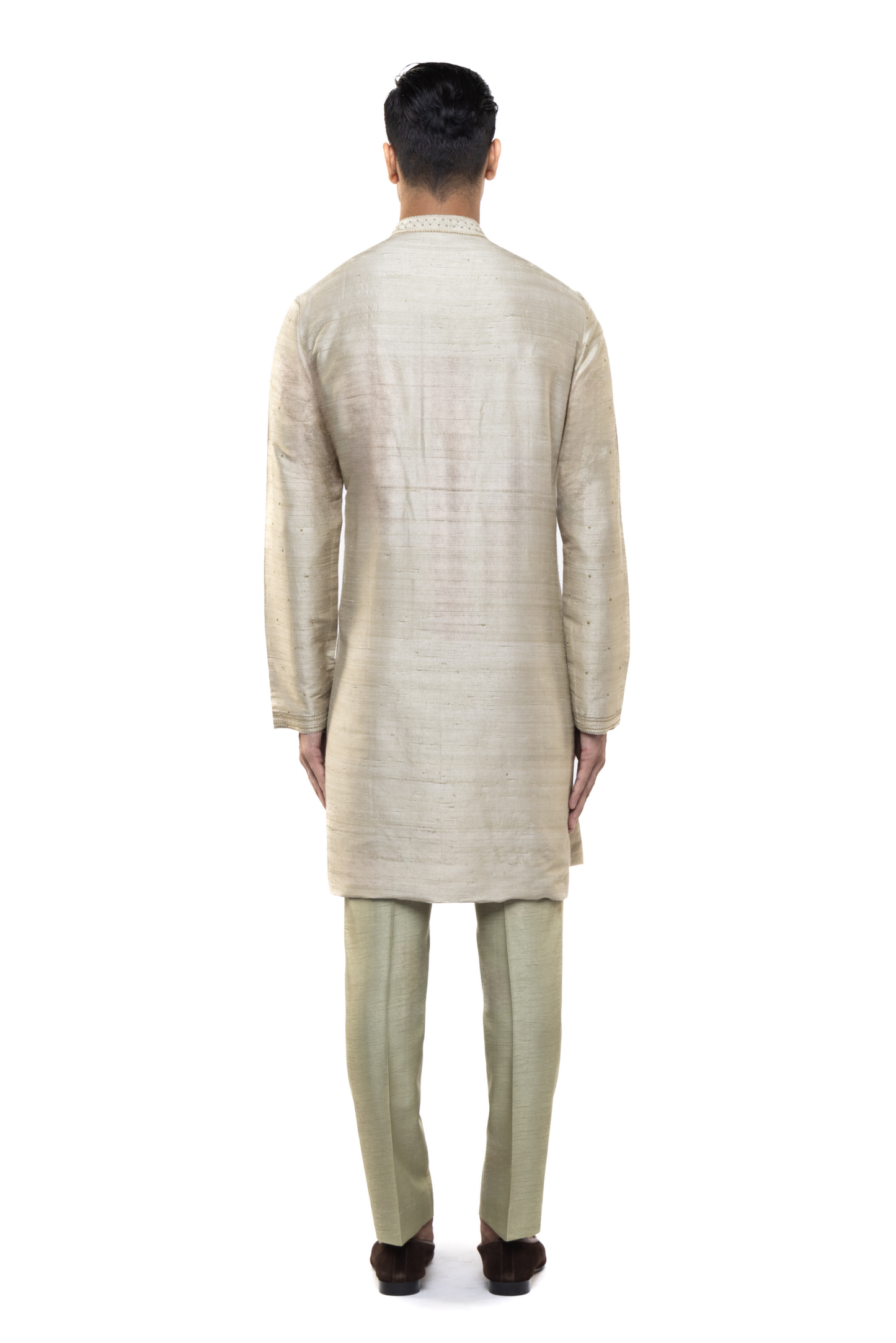 Beige & Sage Green Linen Asymmetric Kurta Set