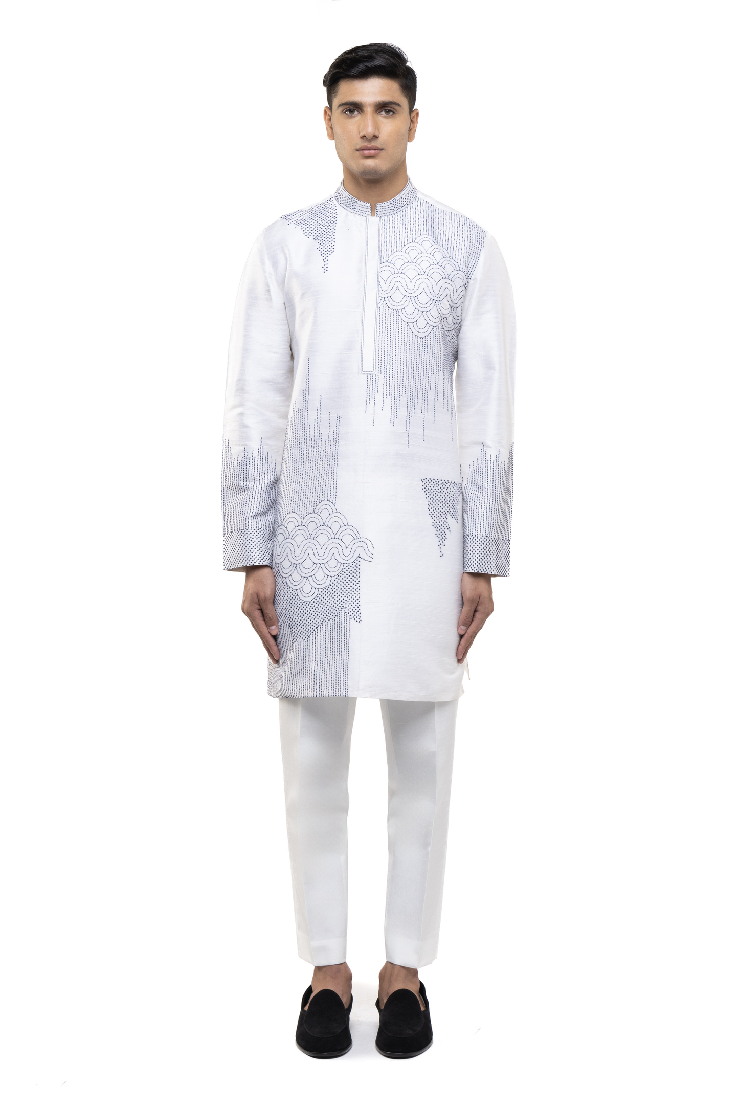 White & Blue Silk Thread Embroidered Kurta Set