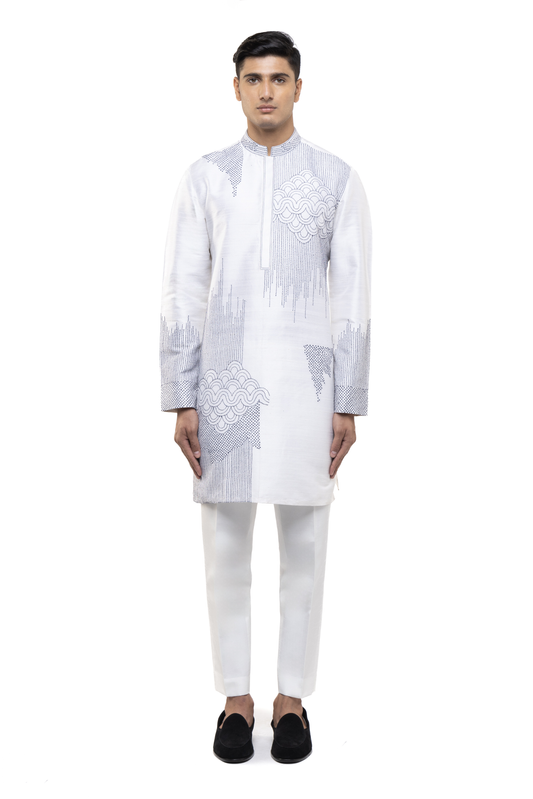 White & Blue Thread Embroidered Kurta Set