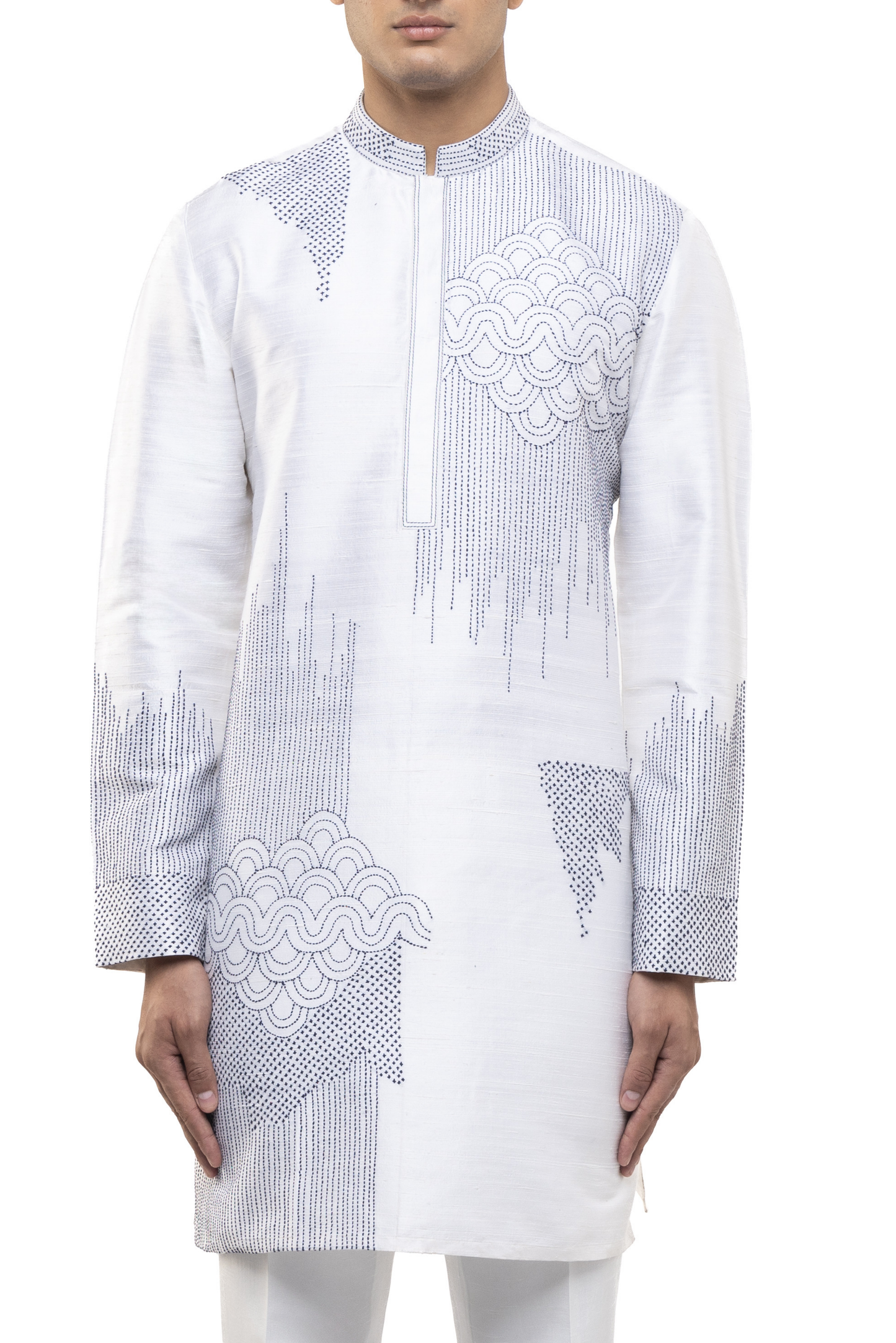 White & Blue Silk Thread Embroidered Kurta Set