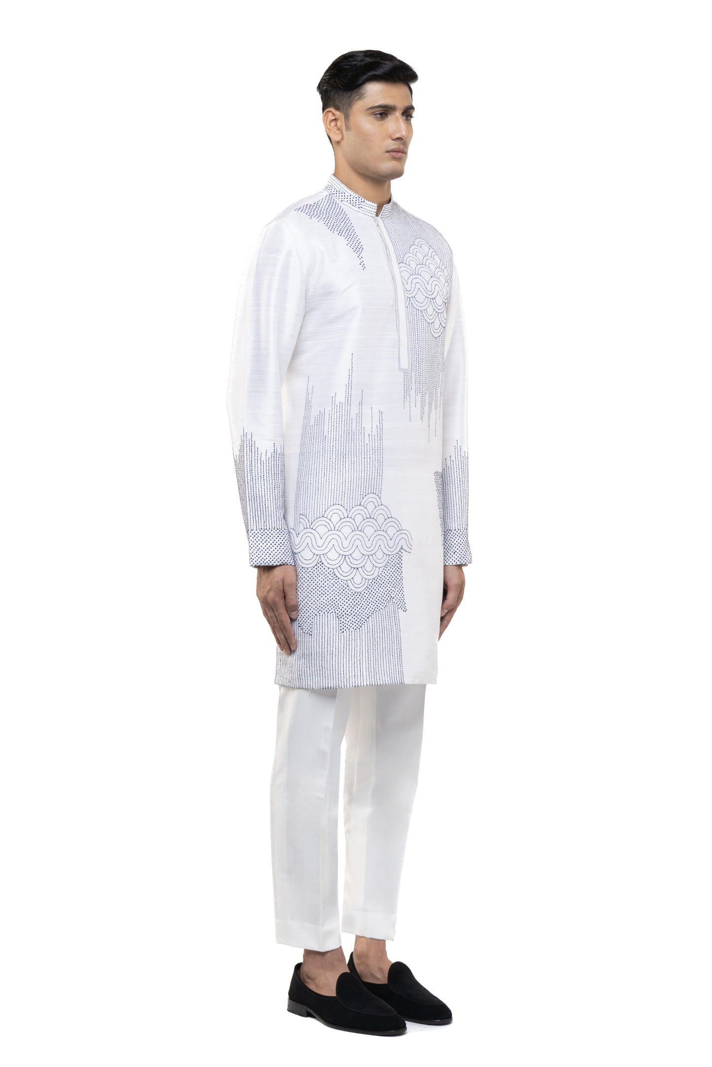 White & Blue Silk Thread Embroidered Kurta Set