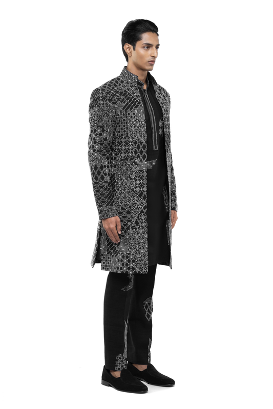 Black Linen Thread Embroidery Open Sherwani Set