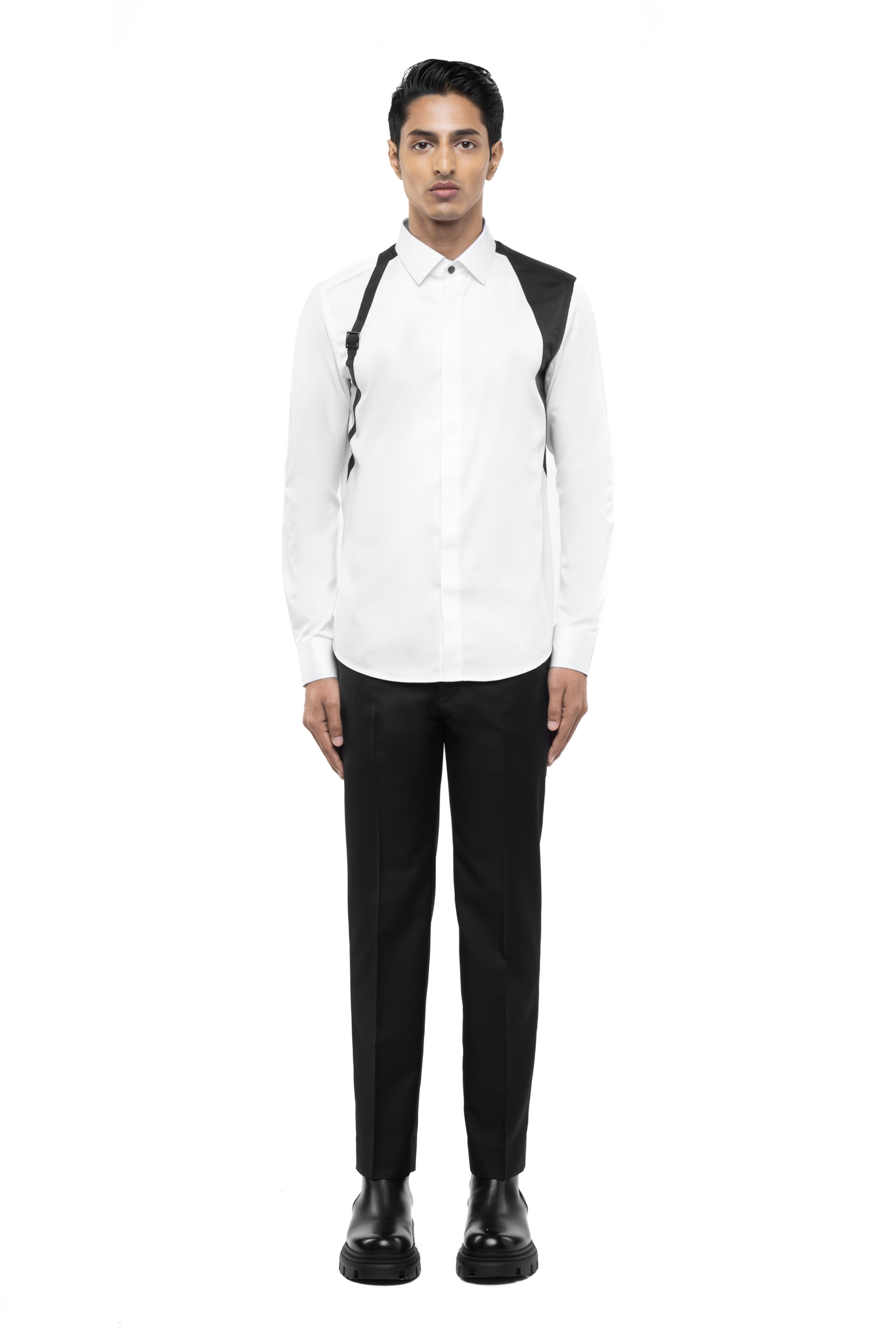 White Cotton shirt with Harness & Black Shoulder Patch