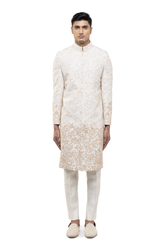 Ivory & Beige Silk Faded Hand Embroidery Sherwani Set