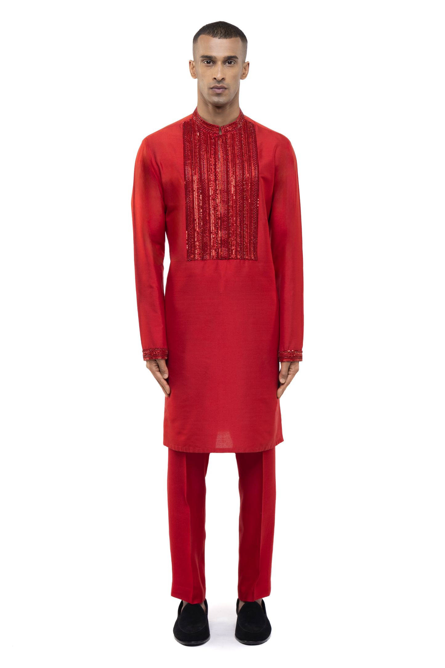 Red Silk Geometric Lines Embellished Kurta Set