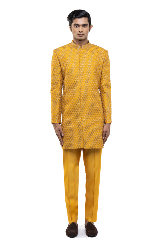 Yellow Silk Beaded Embroidery Sherwani Set