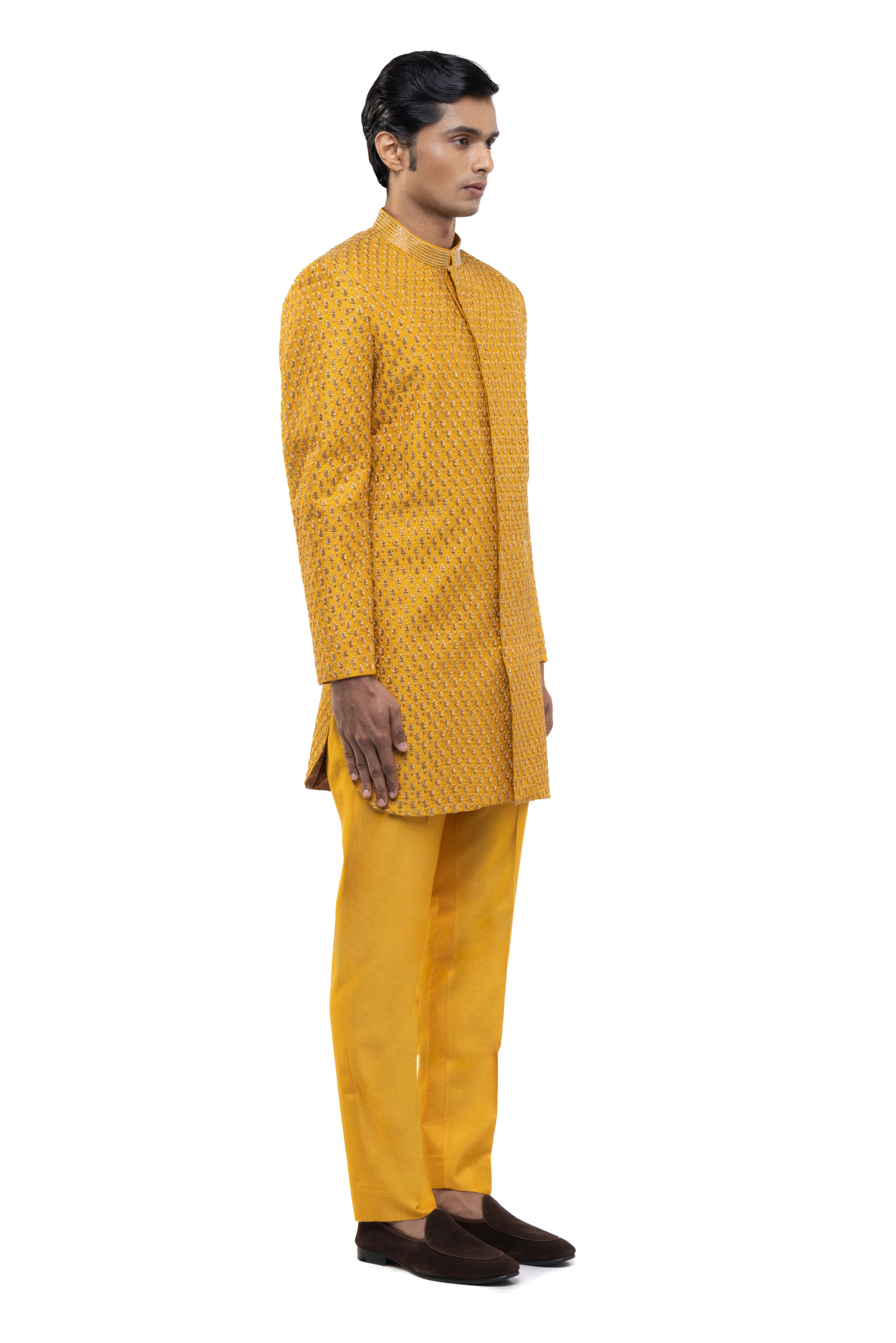 Yellow Silk Beaded Embroidery Sherwani Set