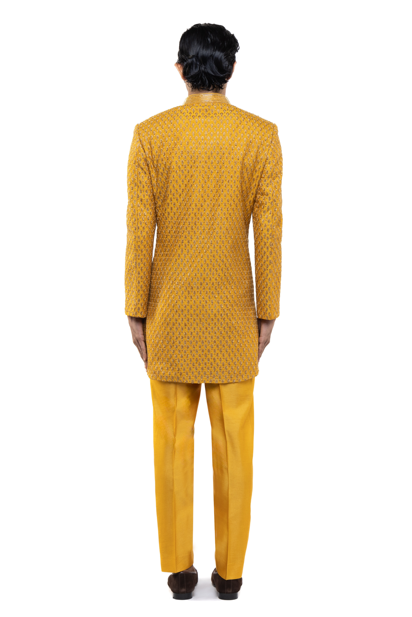 Yellow Silk Beaded Embroidery Sherwani Set