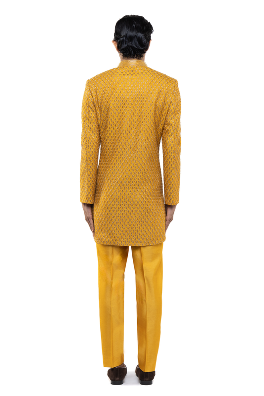 Yellow Silk Beaded Embroidery Sherwani Set